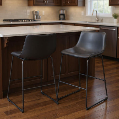 Black Faux Leather & Steel Counter Height Bar Chairs - Set of 2