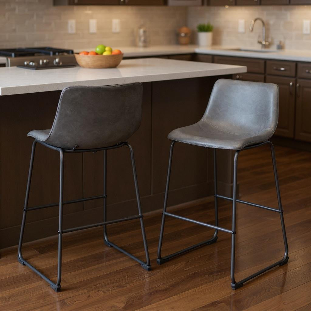 Charcoal & Black Faux Leather & Steel Counter Height Bar Chairs - Set of 2