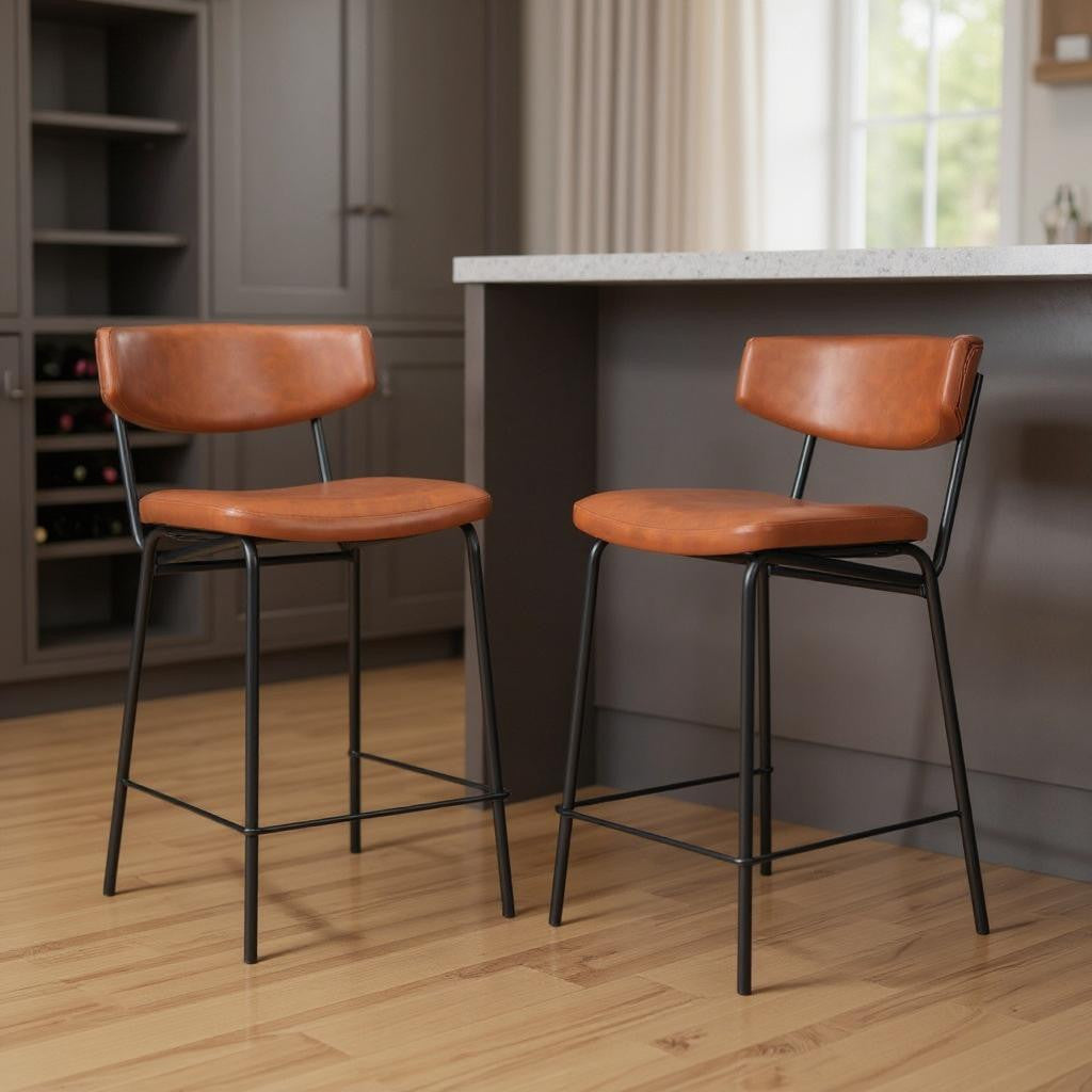 Brown & Black Faux Leather & Steel Low Back Bar Height Bar Chairs - Set of 2