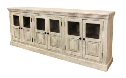 White Solid Wood Distressed Sideboard w/ 6 Glass Doors