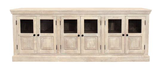White Solid Wood Distressed Sideboard w/ 6 Glass Doors