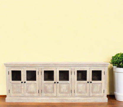 White Solid Wood Distressed Sideboard w/ 6 Glass Doors