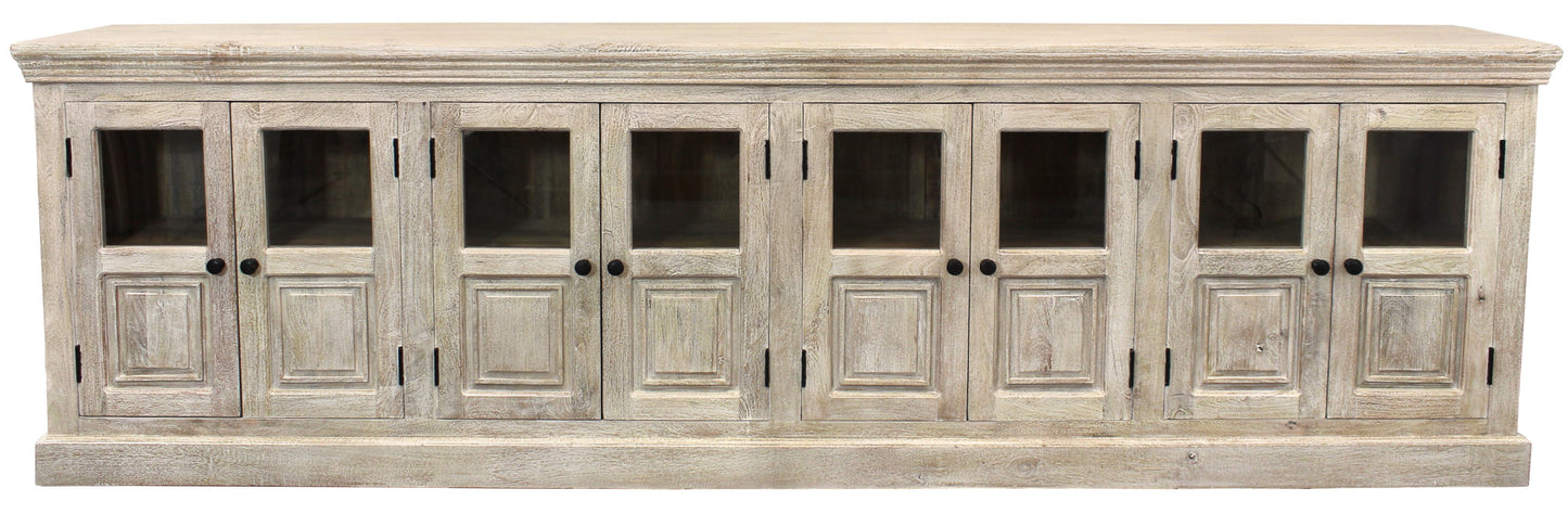 White Solid Wood Distressed Sideboard w/ 8 Glass Doors