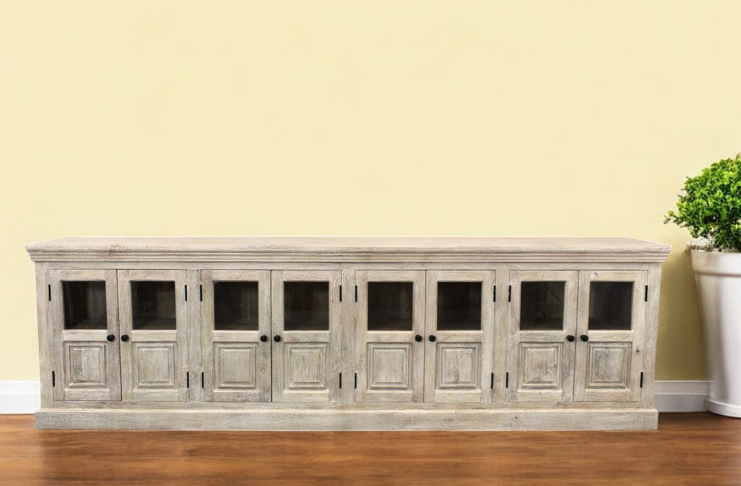 White Solid Wood Distressed Sideboard w/ 8 Glass Doors
