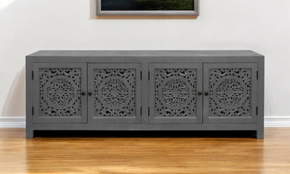 Dark Grey Carved Floral Distressed Solid Wood Media Console