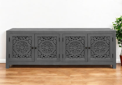 Dark Grey Carved Floral Distressed Solid Wood Media Console