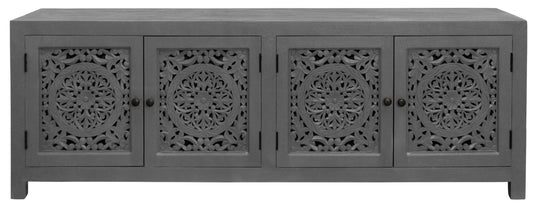 Dark Grey Carved Floral Distressed Solid Wood Media Console