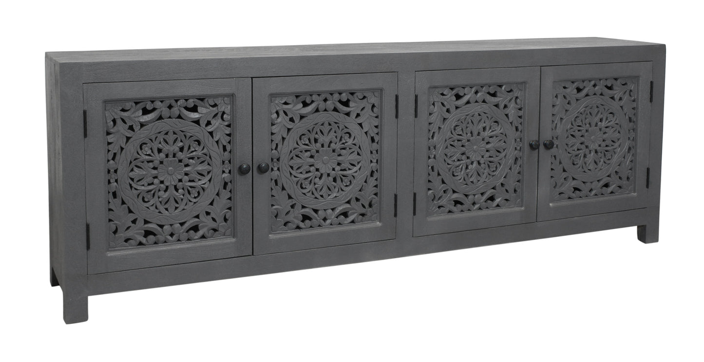 Dark Grey Carved Floral Distressed Solid Wood Media Console