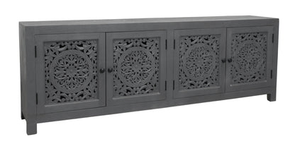 Dark Grey Carved Floral Distressed Solid Wood Media Console
