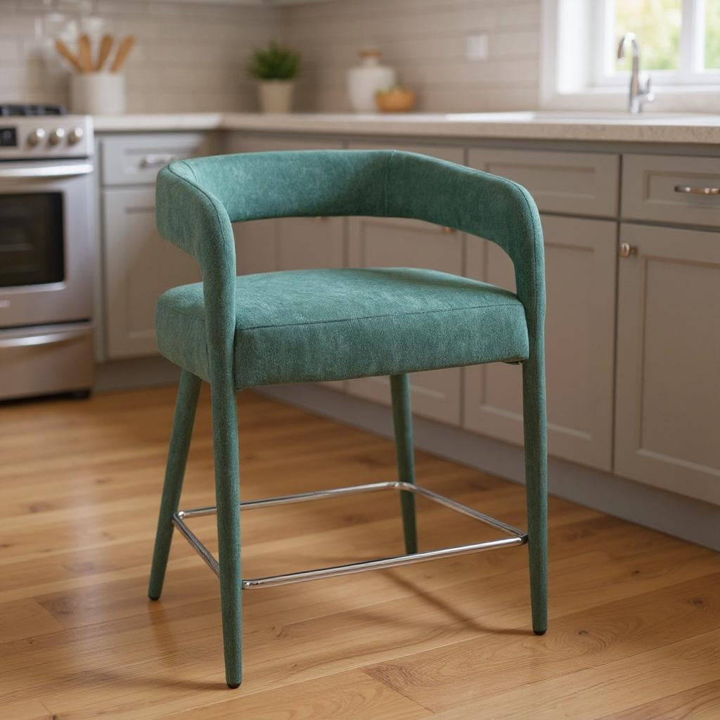 Teal Blue Metal & Fabric Low Back Counter Height Bar Chair