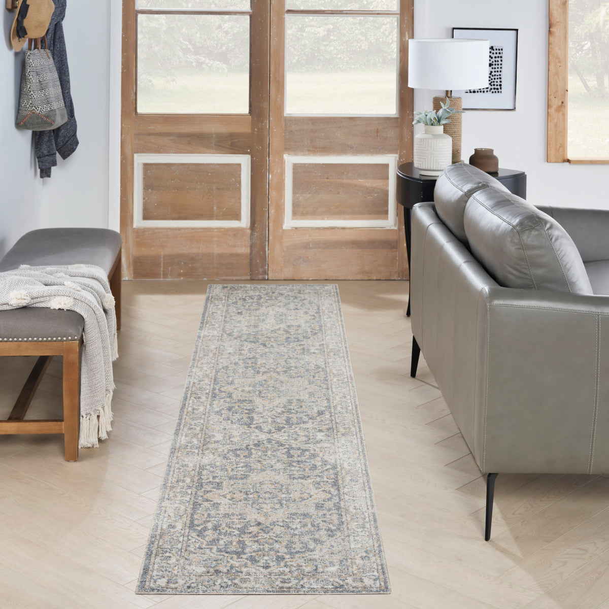 Nourison Astra Grey & Blue Pet Friendly Machine Washable Rug - Room Scene