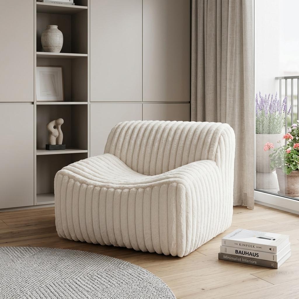 Cream Faux Fur & Upholstered Tufted Lounge Chair