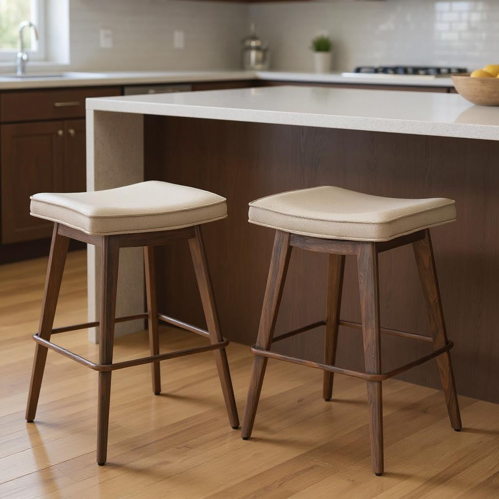 Beige & Walnut Faux Leather & Steel Backless Counter Height Bar Chairs - Set of 2