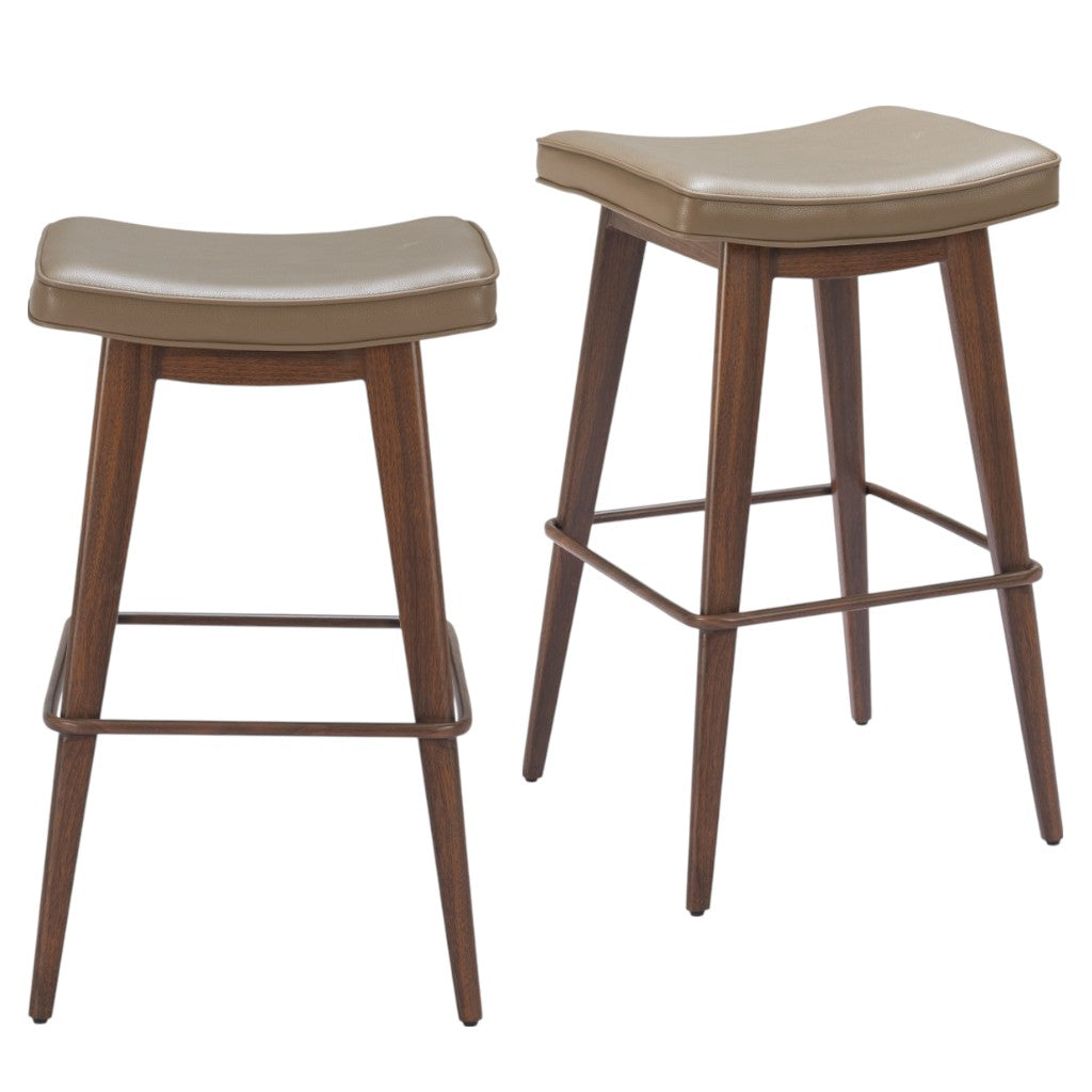 Taupe & Walnut Faux Leather & Steel Backless Bar Height Bar Chairs - Set of 2