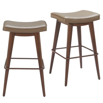 Taupe & Walnut Faux Leather & Steel Backless Bar Height Bar Chairs - Set of 2