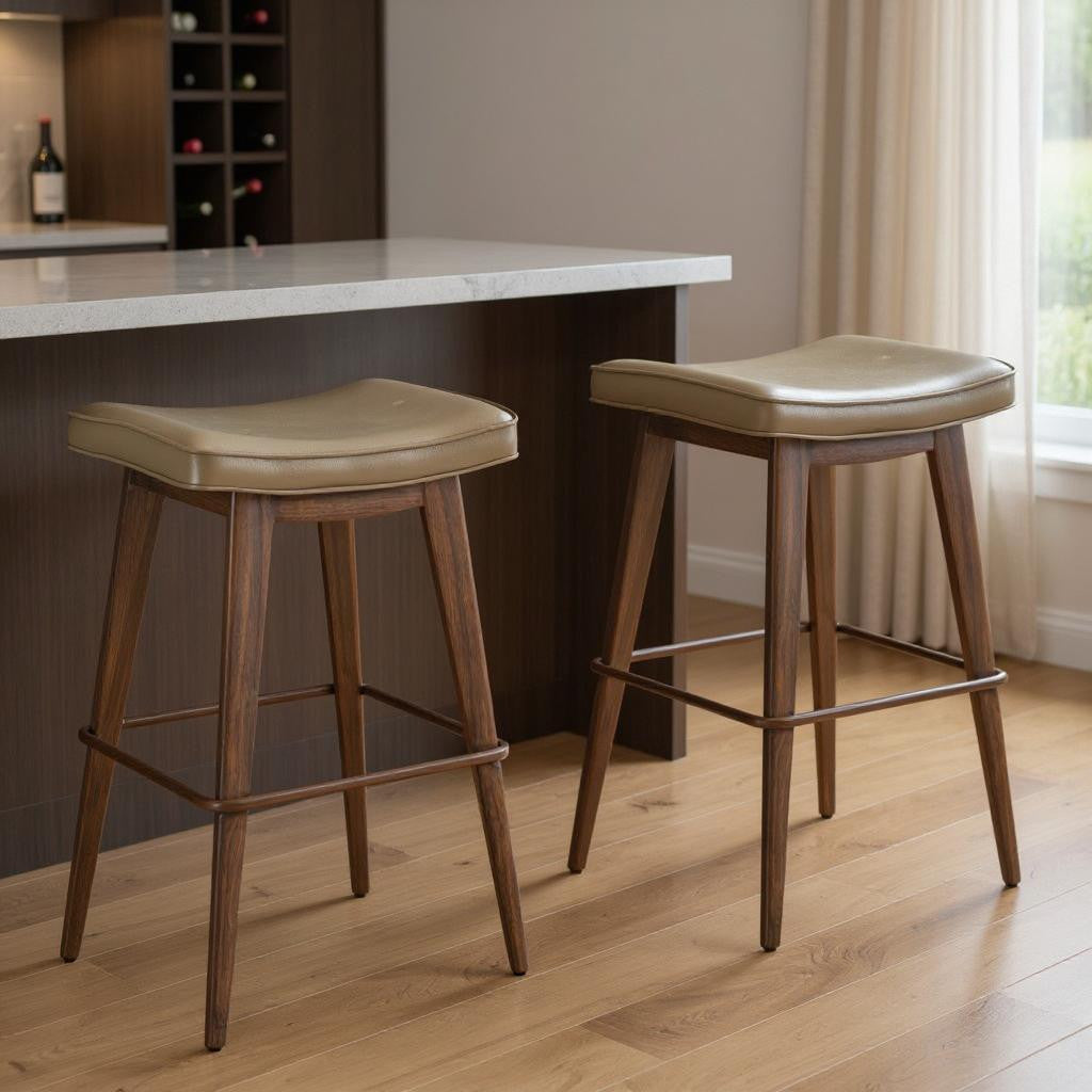 Taupe & Walnut Faux Leather & Steel Backless Bar Height Bar Chairs - Set of 2