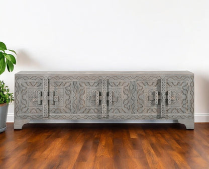 Grey Carved Scrollwork Distressed Solid Wood Media Console