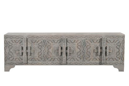 Grey Carved Scrollwork Distressed Solid Wood Media Console