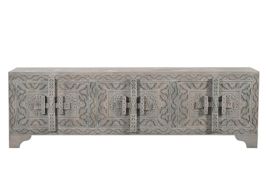 Grey Carved Scrollwork Distressed Solid Wood Media Console
