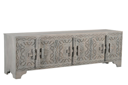 Grey Carved Scrollwork Distressed Solid Wood Media Console