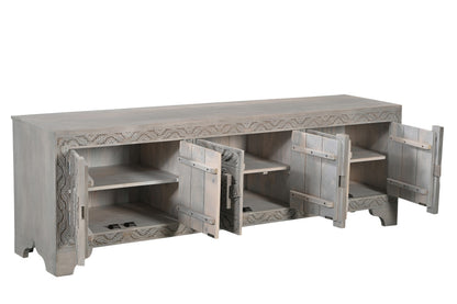 Grey Carved Scrollwork Distressed Solid Wood Media Console