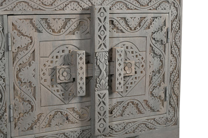 Grey Carved Scrollwork Distressed Solid Wood Media Console