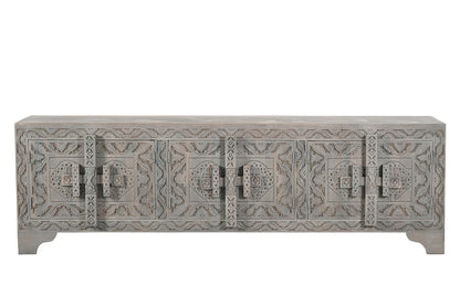 Grey Carved Scrollwork Distressed Solid Wood Media Console