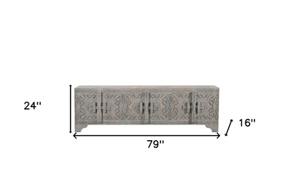 Grey Carved Scrollwork Distressed Solid Wood Media Console