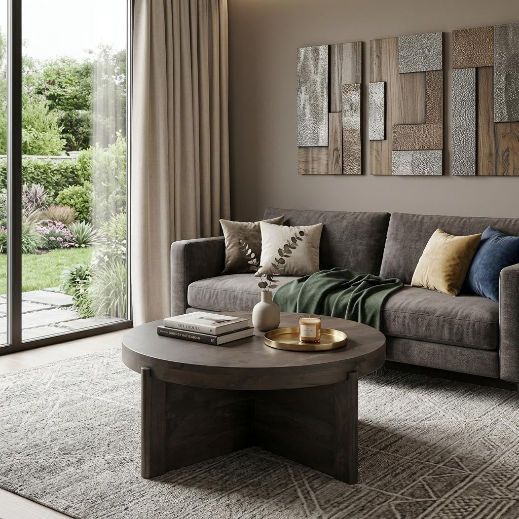 Brown Solid Wood Round Cross Legs Coffee Table image 1