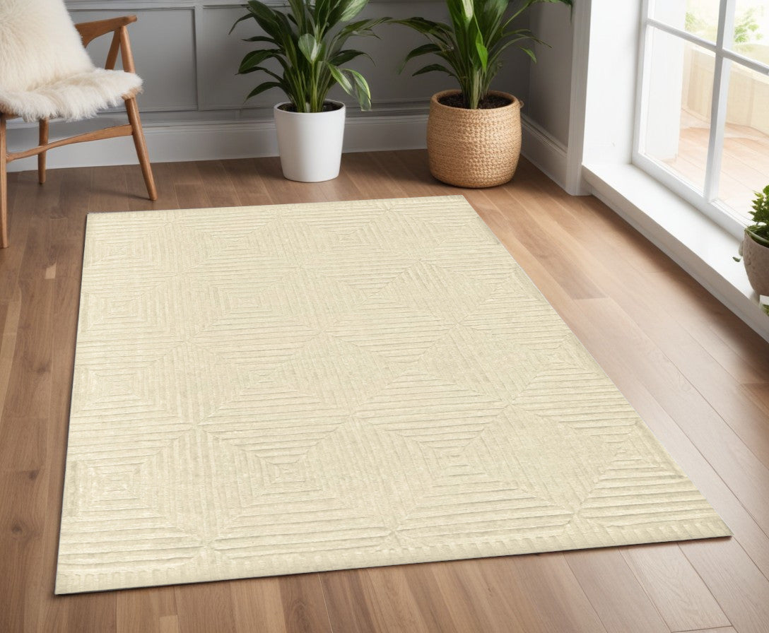 4 x 6 Ivory Wool Geometric Hand Knotted Rug