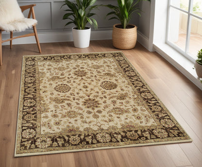 4 x 6 Ivory Brown & Gold Wool Oriental Hand Knotted Rug