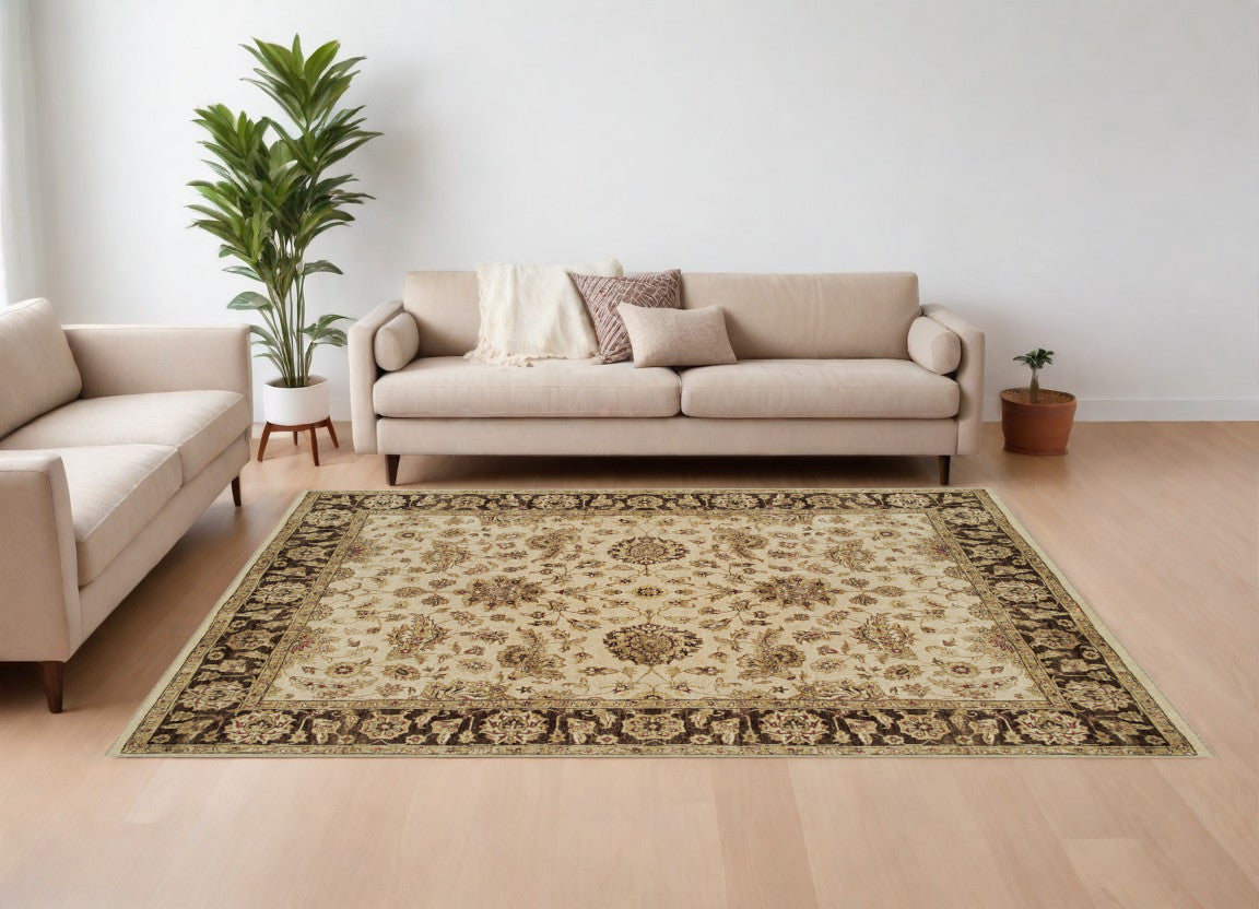 8 x 10 Ivory Brown & Gold Wool Oriental Hand Knotted Rug