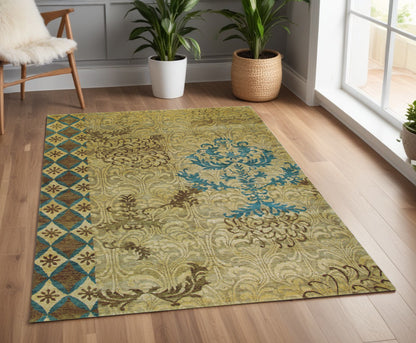 4 x 6 Tan Blue & Brown Floral Hand Knotted Rug