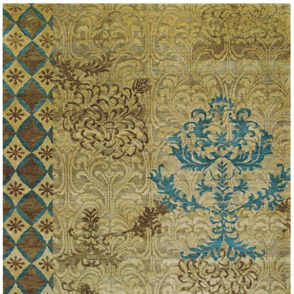 4 x 6 Tan Blue & Brown Floral Hand Knotted Rug