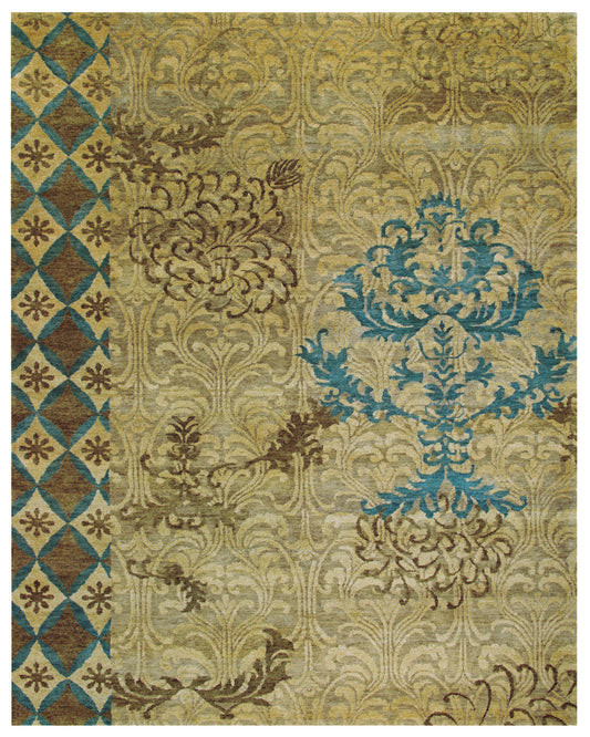 4 x 6 Tan Blue & Brown Floral Hand Knotted Rug