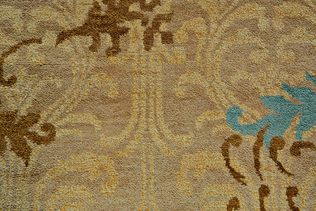 4 x 6 Tan Blue & Brown Floral Hand Knotted Rug