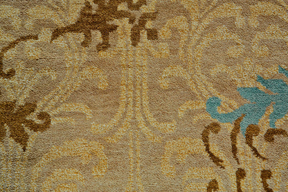 4 x 6 Tan Blue & Brown Floral Hand Knotted Rug