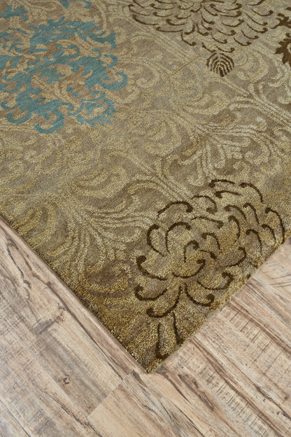 4 x 6 Tan Blue & Brown Floral Hand Knotted Rug