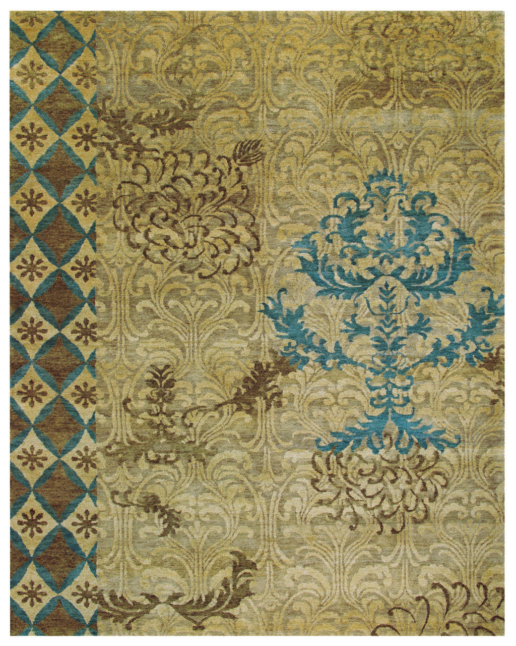 4 x 6 Tan Blue & Brown Floral Hand Knotted Rug
