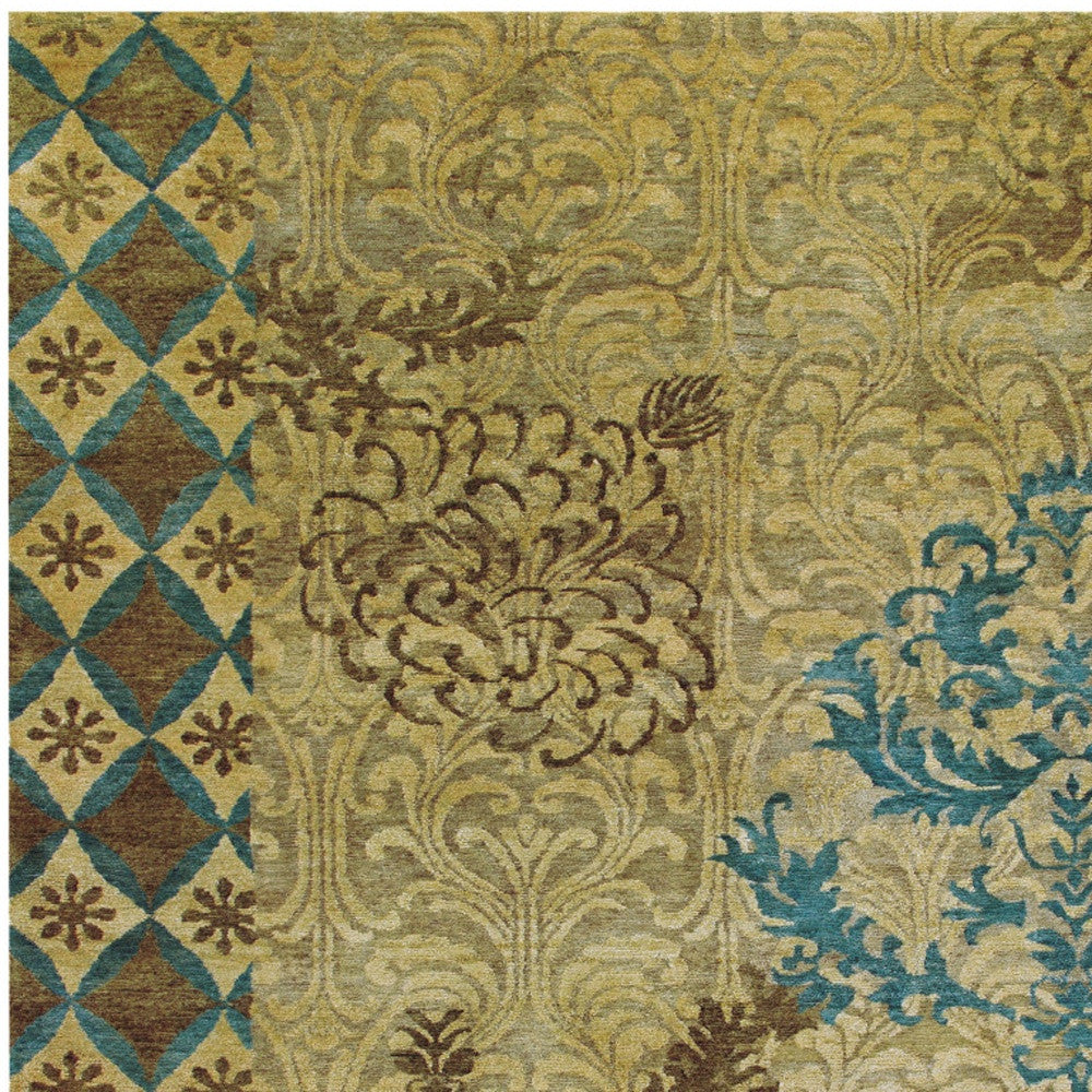 4 x 6 Tan Blue & Brown Floral Hand Knotted Rug