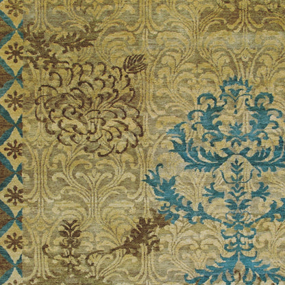 8 x 10 Tan Blue & Brown Floral Hand Knotted Rug