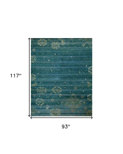 8 x 10 Tan Blue & Green Striped Hand Knotted Rug