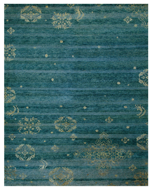 8 x 10 Tan Blue & Green Striped Hand Knotted Rug