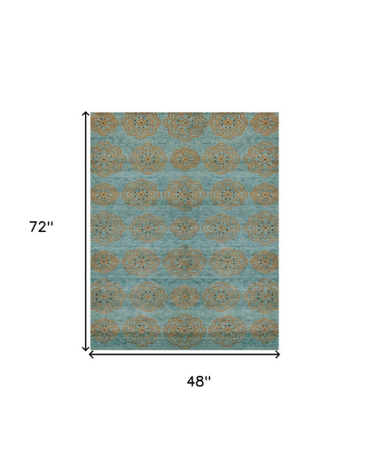 4 x 6 Green Blue & Taupe Floral Hand Knotted Rug