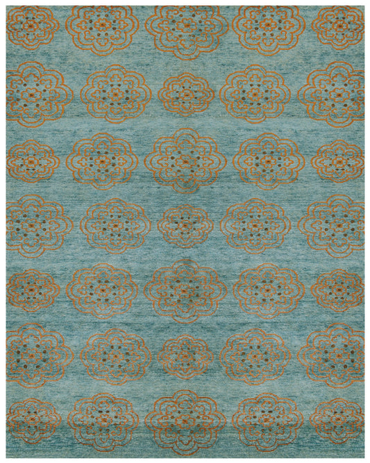 4 x 6 Green Blue & Taupe Floral Hand Knotted Rug