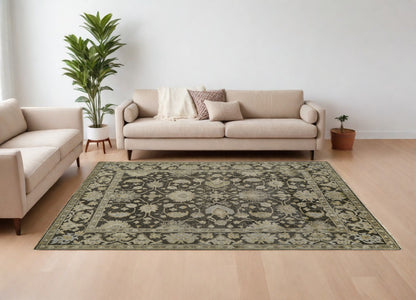 8 x 10 Taupe & Gray Wool Floral Hand Knotted Rug