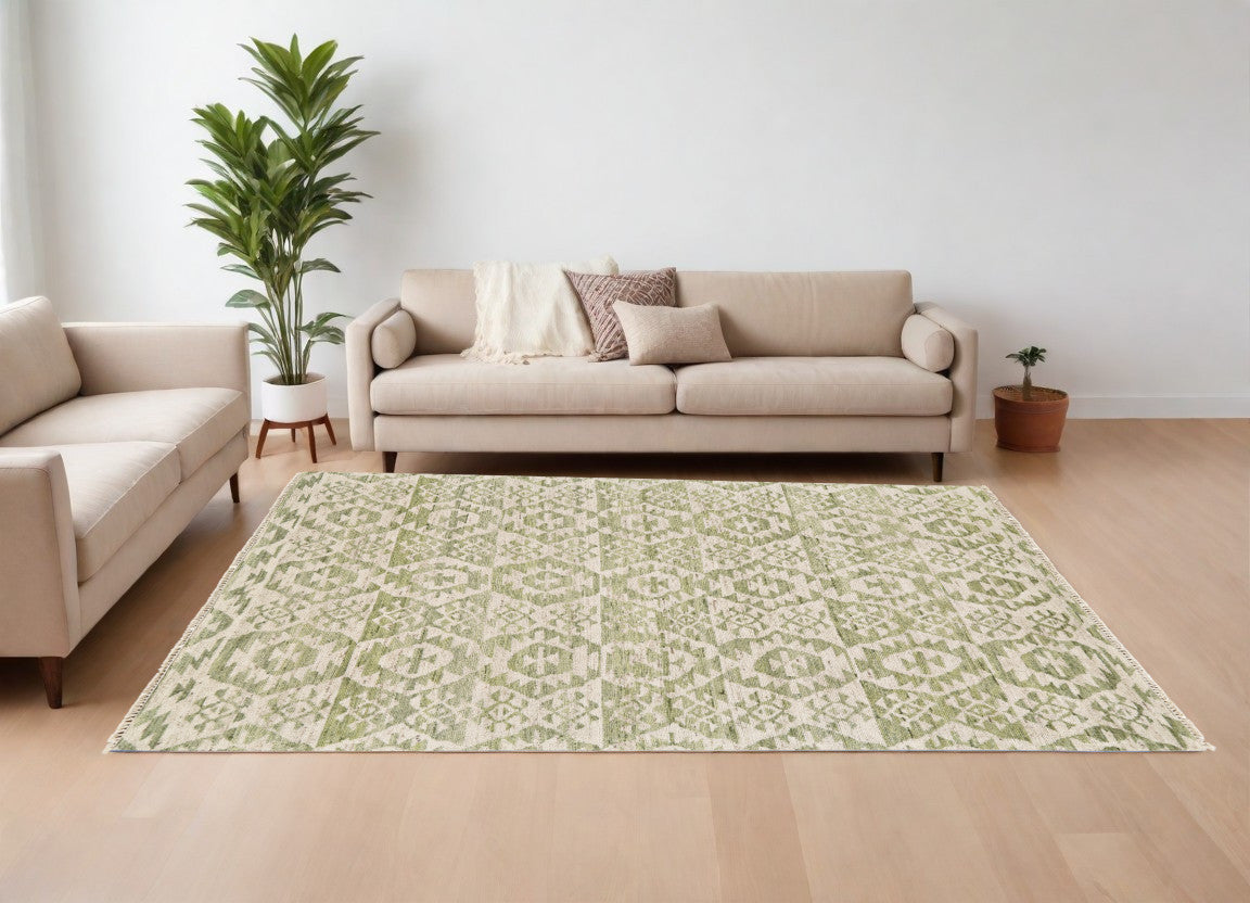 8 x 10 Green & Ivory Wool Southwestern Hand Knotted Rug