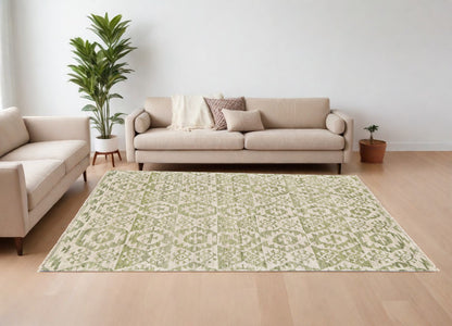8 x 10 Green & Ivory Wool Southwestern Hand Knotted Rug