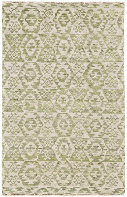 8 x 10 Green & Ivory Wool Southwestern Hand Knotted Rug