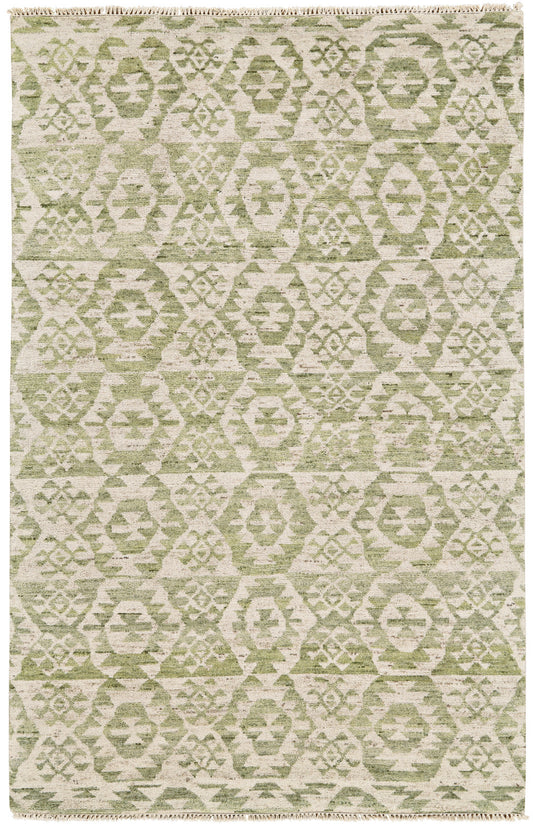 8 x 10 Green & Ivory Wool Southwestern Hand Knotted Rug